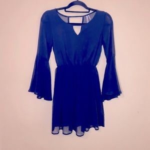 Paper Crane Dress Navy Blue Elastic Waist Bell Sleeves Sheath Size XS
